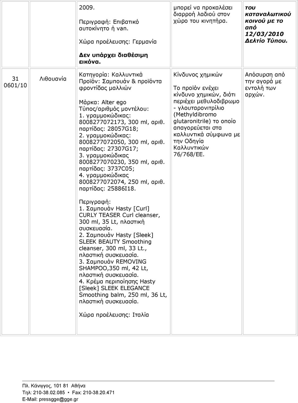 γραμμοκώδικας: 8008277072173, 300 ml, αριθ. παρτίδας: 28057G18; 2. γραμμοκώδικας: 8008277072050, 300 ml, αριθ. παρτίδας: 27307G17; 3. γραμμοκώδικας 8008277070230, 350 ml, αριθ. παρτίδας: 3737C05; 4.