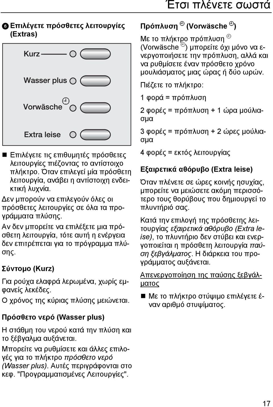 Αν δεν μπορείτε να επιλέξετε μια πρόσθετη λειτουργία, τότε αυτή η ενέργεια δεν επιτρέπεται για το πρόγραμμα πλύσης. Σύντομο (Kurz) Για ρούχα ελαφρά λερωμένα, χωρίς εμφανείς λεκέδες.