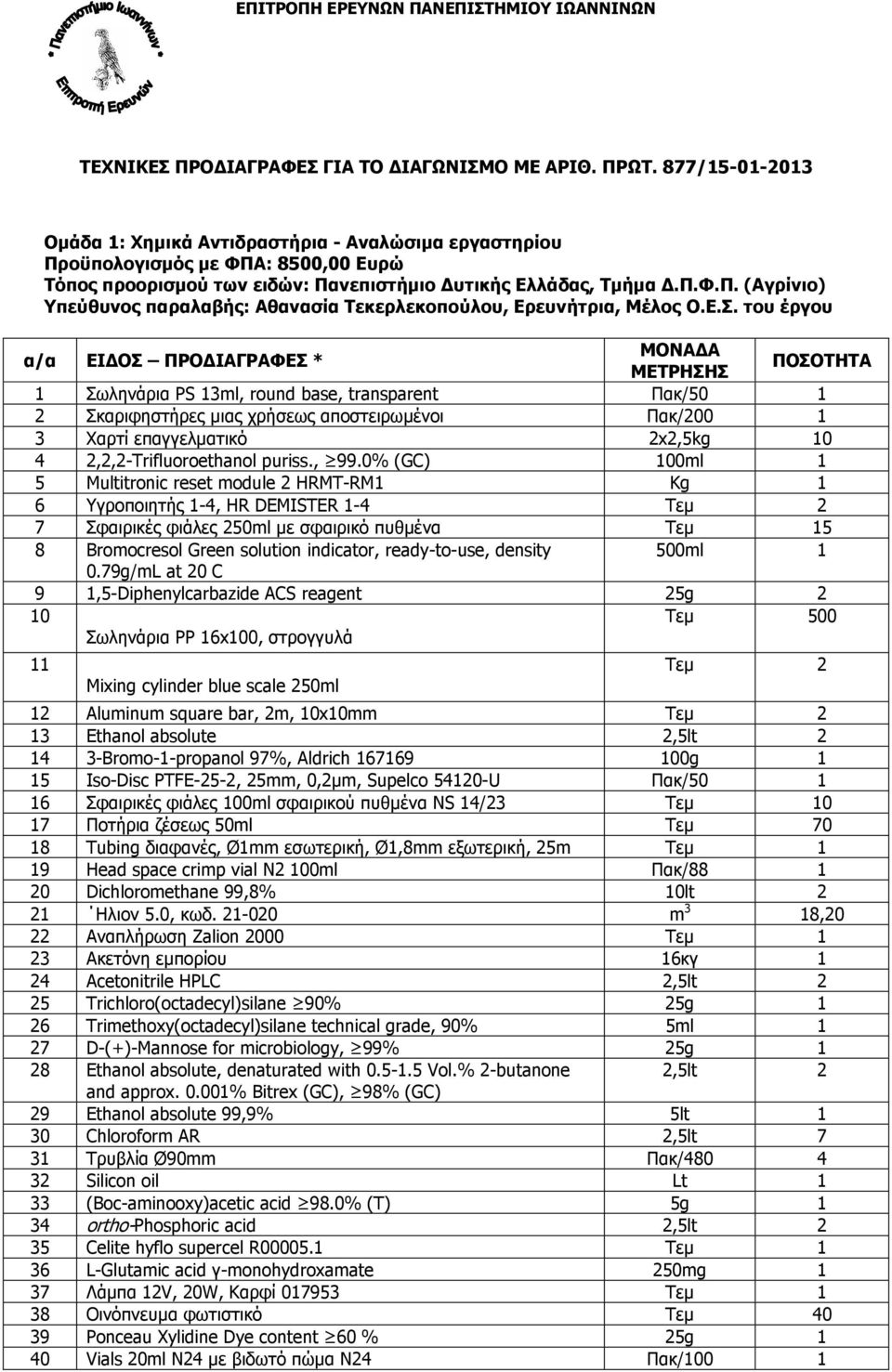 Ε.Σ. του έργου ΕΙ ΟΣ ΠΡΟ ΙΑΓΡΑΦΕΣ * ΜΕΤΡΗΣΗΣ 1 Σωληνάρια PS 13ml, round base, transparent Πακ/50 1 2 Σκαριφηστήρες µιας χρήσεως αποστειρωµένοι Πακ/200 1 3 Χαρτί επαγγελµατικό 2x2,5kg 10 4