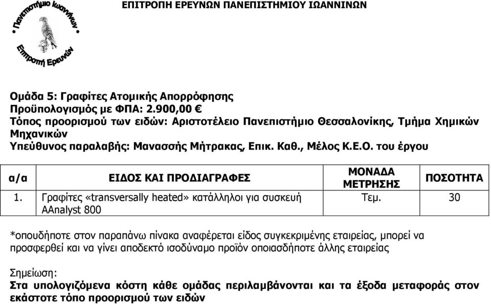 Χηµικών Μηχανικών Υπεύθυνος παραλαβής: Μανασσής Μήτρακας, Επικ. Καθ., Μέλος Κ.Ε.Ο.