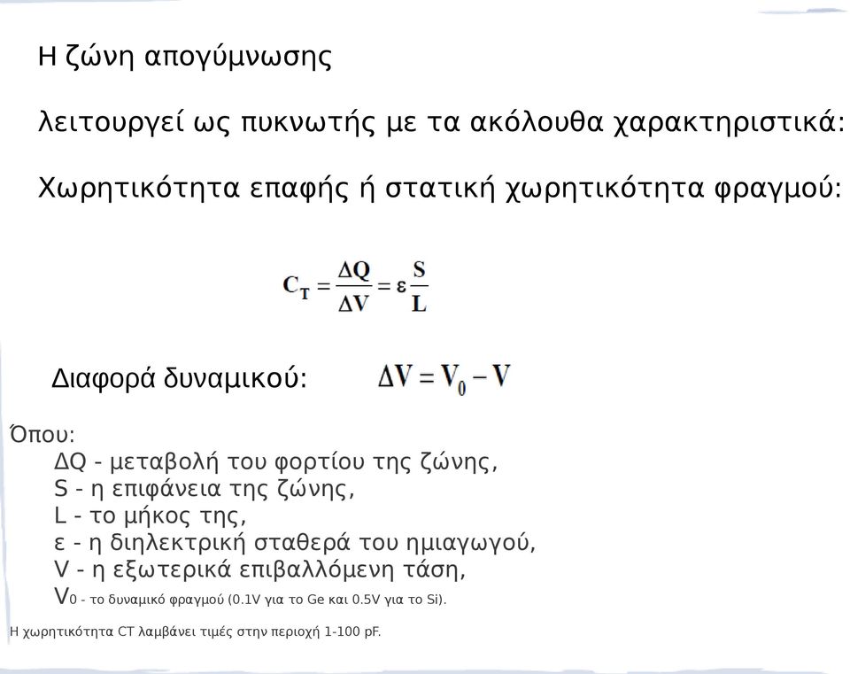 ζώνης, L - το μήκος της, ε - η διηλεκτρική σταθερά του ημιαγωγού, V - η εξωτερικά επιβαλλόμενη τάση, V0 -