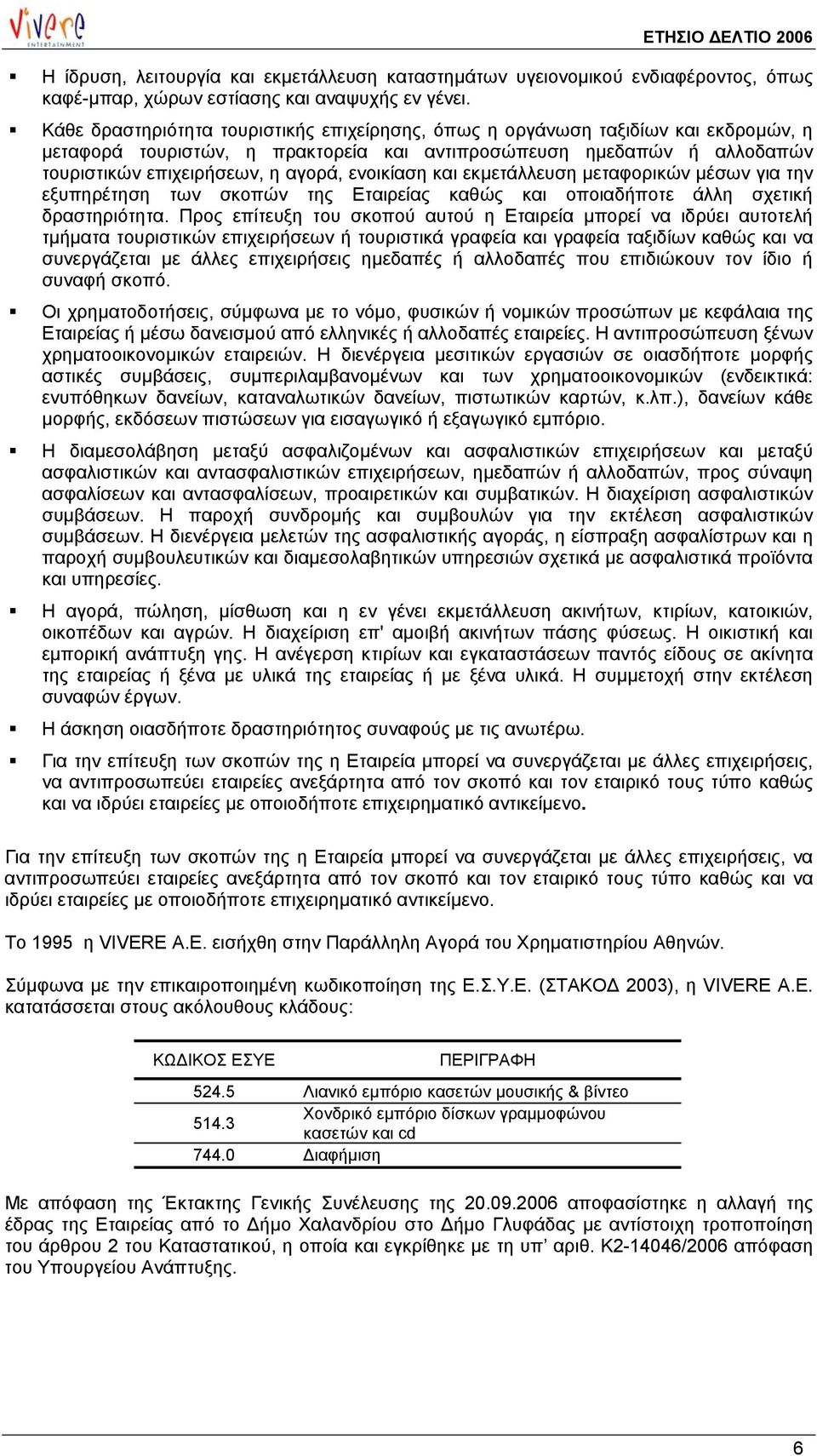 ενοικίαση και εκµετάλλευση µεταφορικών µέσων για την εξυπηρέτηση των σκοπών της Εταιρείας καθώς και οποιαδήποτε άλλη σχετική δραστηριότητα.