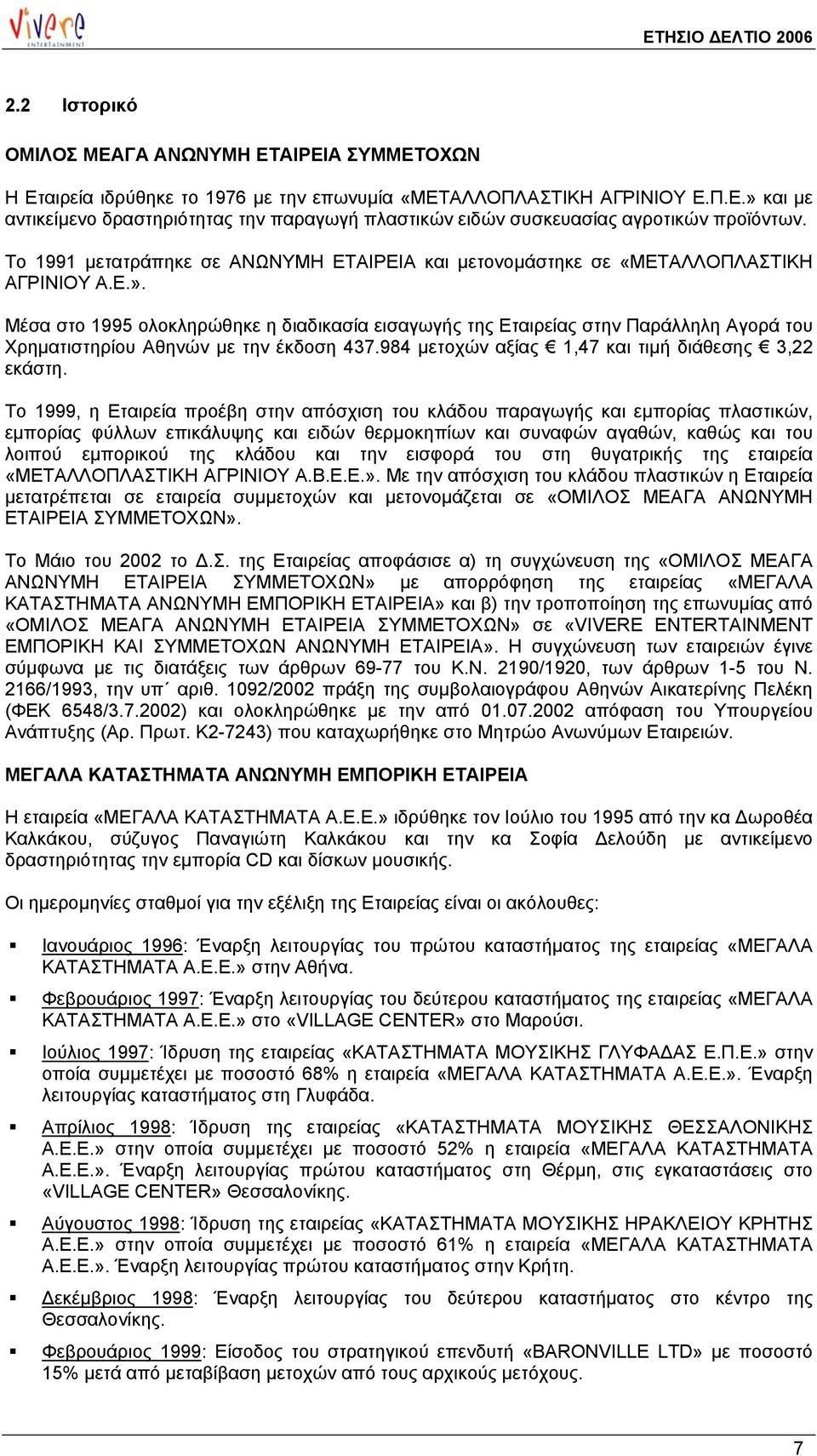 Μέσα στο 1995 ολοκληρώθηκε η διαδικασία εισαγωγής της Εταιρείας στην Παράλληλη Αγορά του Χρηµατιστηρίου Αθηνών µε την έκδοση 437.984 µετοχών αξίας 1,47 και τιµή διάθεσης 3,22 εκάστη.