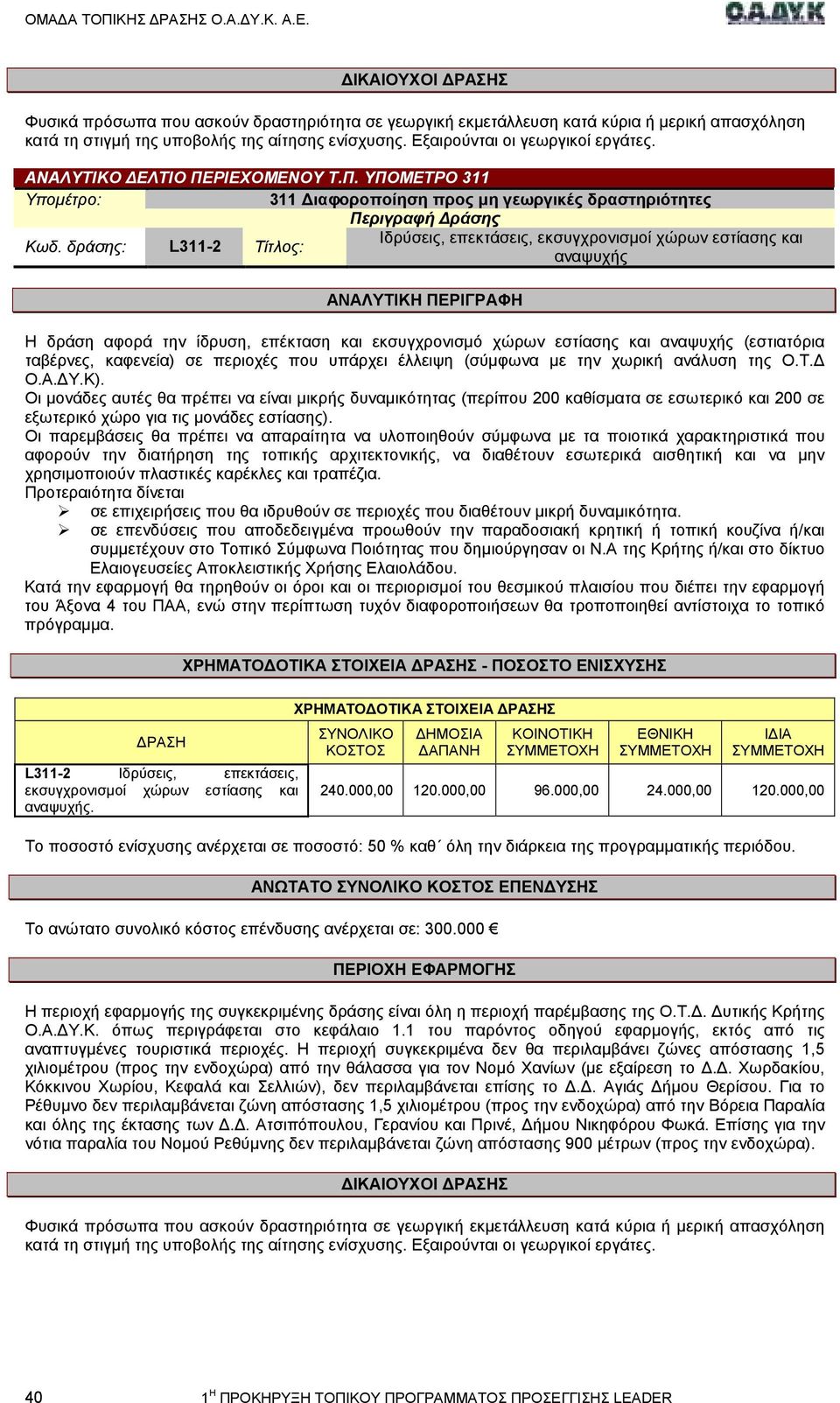 δράσης: L311-2 Τίτλος: Ιδρύσεις, επεκτάσεις, εκσυγχρονισµοί χώρων εστίασης και αναψυχής Η δράση αφορά την ίδρυση, επέκταση και εκσυγχρονισµό χώρων εστίασης και αναψυχής (εστιατόρια ταβέρνες,