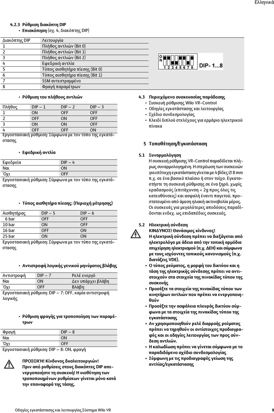 1) 7 SSM αντεστραμμένο 8 Φραγή παραμέτρων Ρύθμιση του πλήθους αντλιών Πλήθος DIP 1 DIP 2 DIP 3 1 ON OFF OFF 2 OFF ON OFF 3 ON ON OFF 4 OFF OFF ON Εργοστασιακή ρύθμιση: Σύμφωνα με τον τύπο της εγκατά-