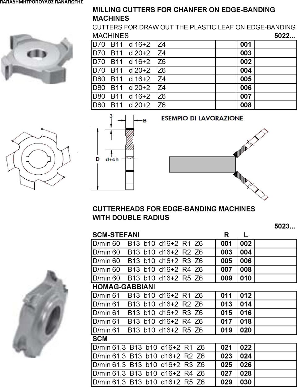 EDGE-BANDING MACHINES WITH DOUBLE RADIUS SCM-STEFANI D/min 60 B13 b10 d16+2 R1 Z6 001 002 D/min 60 B13 b10 d16+2 R2 Z6 003 004 D/min 60 B13 b10 d16+2 R3 Z6 005 006 D/min 60 B13 b10 d16+2 R4 Z6 007