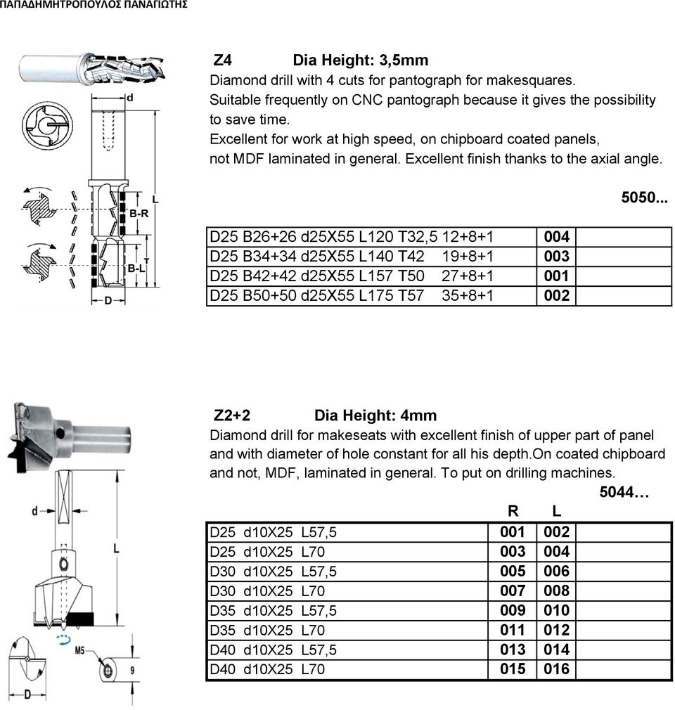 D25 B26+26 d25x55 L120 Τ32,5 12+8+1 004 D25 B34+34 d25x55 L140 Τ42 19+8+1 003 D25 B42+42 d25x55 L157 Τ50 27+8+1 001 D25 B50+50 d25x55 L175 Τ57 35+8+1 002 5050.