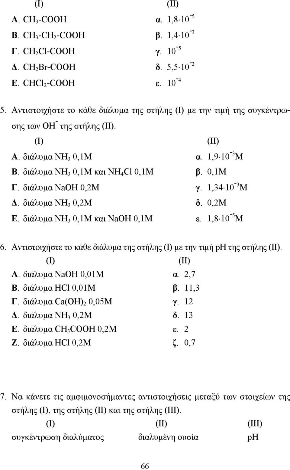 διάλυµα NaOH 0,2M γ. 1,34 10-3 M. διάλυµα NH 3 0,2M δ. 0,2Μ Ε. διάλυµα NH 3 0,1M και NaOH 0,1M ε. 1,8 10-5 M 6. Αντιστοιχήστε το κάθε διάλυµα της στήλης (I) µε την τιµή ph της στήλης (II). (I) (II) Α.