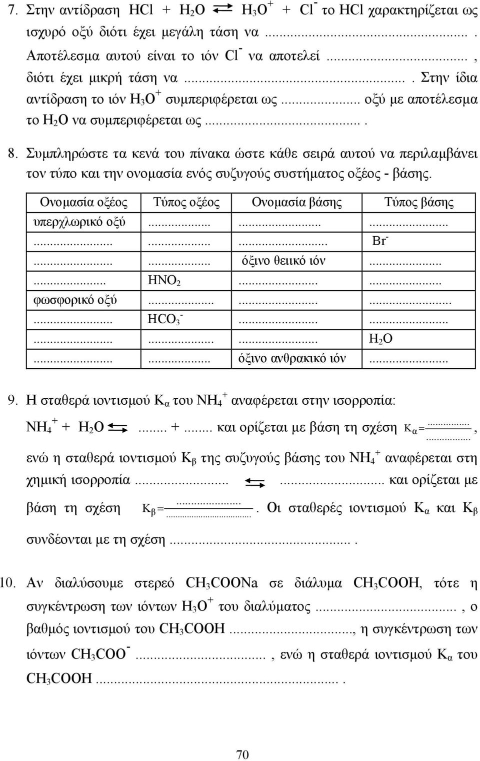 Συµπληρώστε τα κενά του πίνακα ώστε κάθε σειρά αυτού να περιλαµβάνει τον τύπο και την ονοµασία ενός συζυγούς συστήµατος οξέος - βάσης.