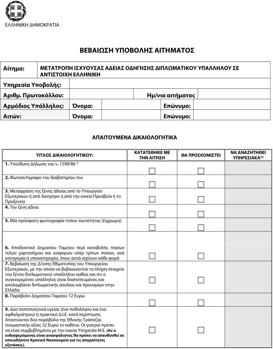 1599/86 * ΚΑΤΑΤΕΘΗΚΕ ΜΕ ΤΗΝ ΑΙΤΗΣΗ ΘΑ ΠΡΟΣΚΟΜΙΣΤΕΙ ΝΑ ΑΝΑΖΗΤΗΘΕΙ ΥΠΗΡΕΣΙΑΚΑ (3) 2. Φωτοαντίγραφο του διαβατηρίου του 3.