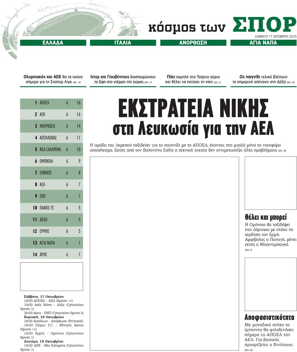 20 1 ΑΠΟΕΛ 6 16 2 ΑΕΚ 6 16 3 ΑΝΟΡΘΩΣΗ 6 14 4 ΑΠΟΛΛΩΝΑΣ 6 11 5 ΝΕΑ ΣΑΛΑΜΙΝΑ 6 10 6 ΟΜΟΝΟΙΑ 6 9 7 ΕΘΝΙΚΟΣ 6 8 8 ΑΕΛ 6 7 9 ΕΝΠ 6 7 10 ΠΑΦΟΣ FC 6 5 11 ΔΟΞΑ 6 5 12 ΕΡΜΗΣ 6 5 13 ΑΓΙΑ ΝΑΠΑ 6 1 ΕΚΣΤΡΑΤΕΙΑ