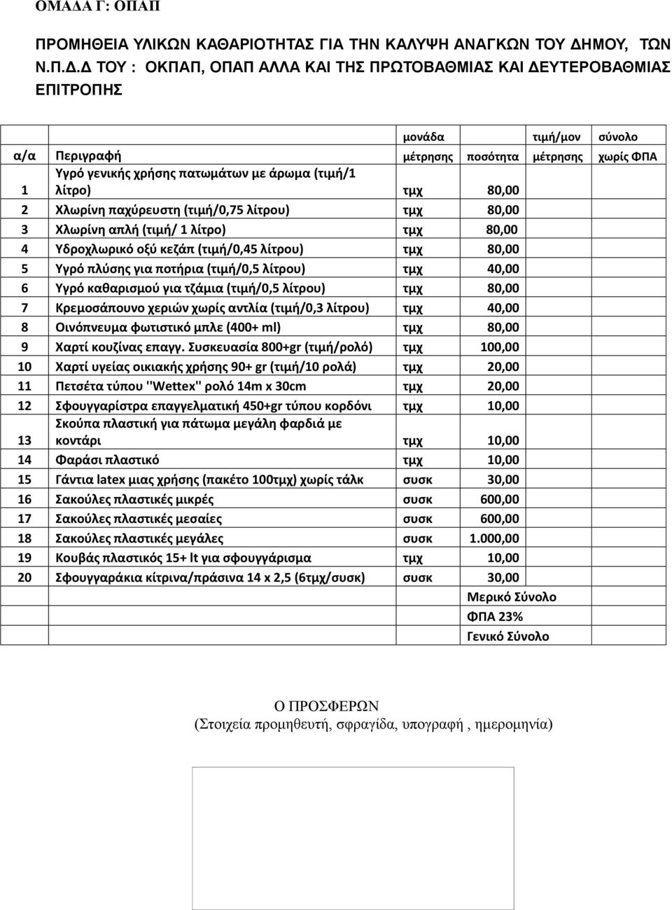 Τδροχλωρικό οξφ κεηάπ (τιμι/0,45 λίτρου) τμχ 80,00 5 Τγρό πλφςθσ για ποτιρια (τιμι/0,5 λίτρου) τμχ 40,00 6 Τγρό κακαριςμοφ για τηάμια (τιμι/0,5 λίτρου) τμχ 80,00 7 Κρεμοςάπουνο χεριών χωρίσ αντλία