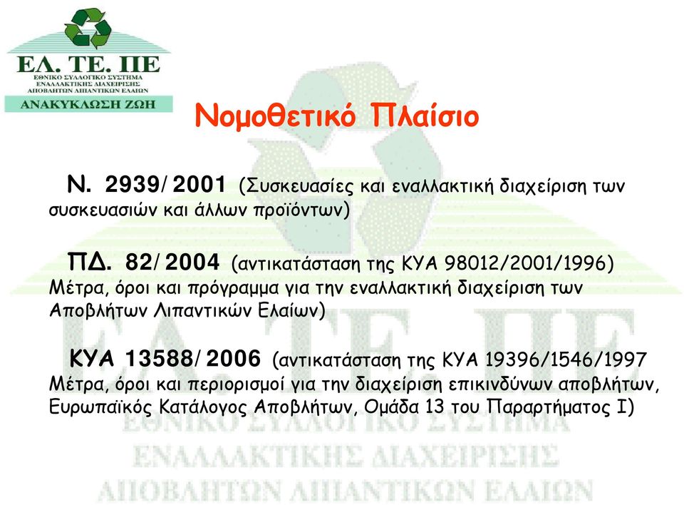 Αποβλήτων Λιπαντικών Ελαίων) ΚΥΑ 13588/2006 (αντικατάσταση της ΚΥΑ 19396/1546/1997 Μέτρα, όροι και περιορισμοί