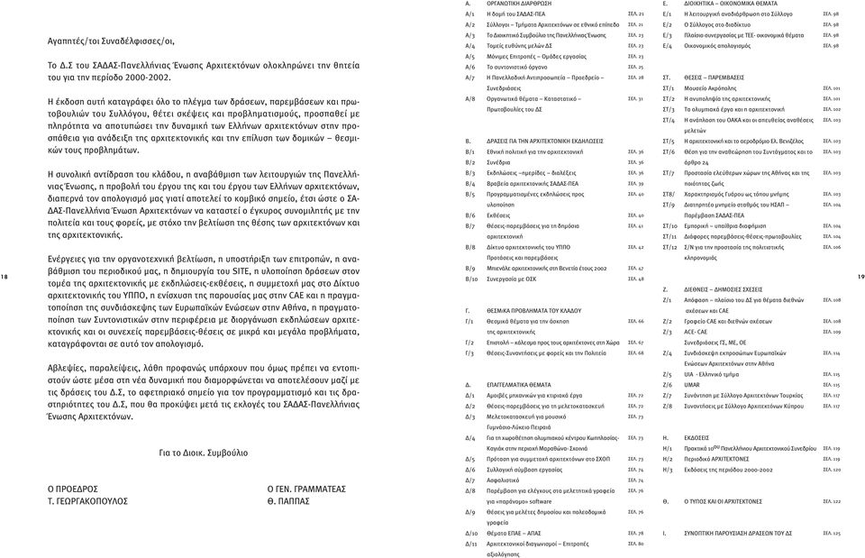 23 Ε/3 Πλαίσιο συνεργασίας µε ΤΕΕ- οικονοµικά θέµατα Ε/4 Οικονοµικός απολογισµός ΣΕΛ. 98 ΣΕΛ. 98 Το.Σ του ΣΑ ΑΣ-Πανελλήνιας Ένωσης Αρχιτεκτόνων ολοκληρώνει την θητεία του για την περίοδο 2000-2002.