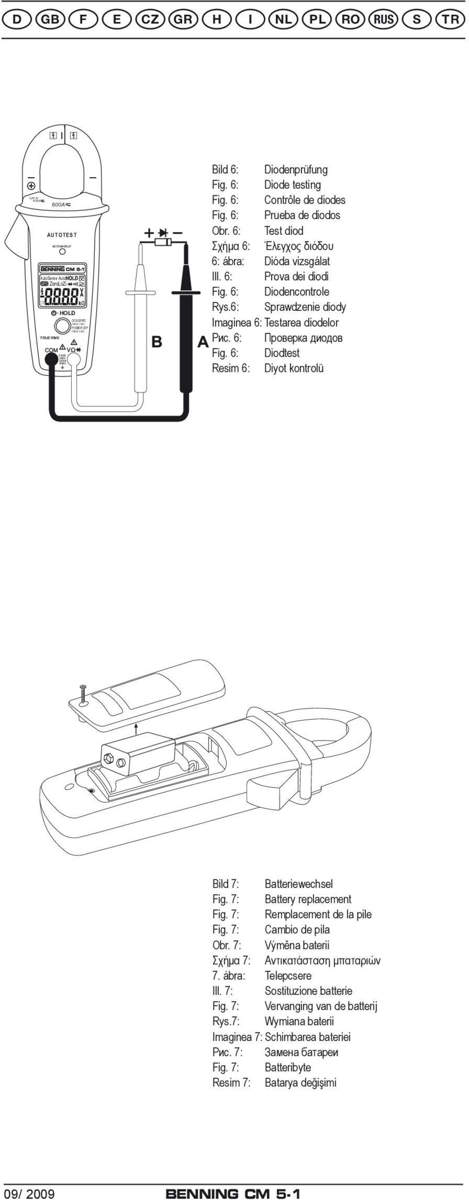 6: Проверка диодов Fig. 6: Diodtest Resim 6: Diyot kontrolü Bild 7: Batteriewechsel Fig. 7: Battery replacement Fig. 7: Remplacement de la pile Fig. 7: Cambio de pila Obr.