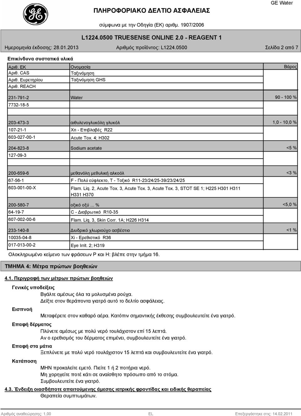 4; H302 Sodium acetate 1,0-10,0 % <5 % 200-659-6 67-56-1 603-001-00-X 200-580-7 64-19-7 607-002-00-6 μεθανόλη μεθυλική αλκοόλ F - Πολύ εύφλεκτο, T - Τοξικό R11-23/24/25-39/23/24/25 Flam. Liq.