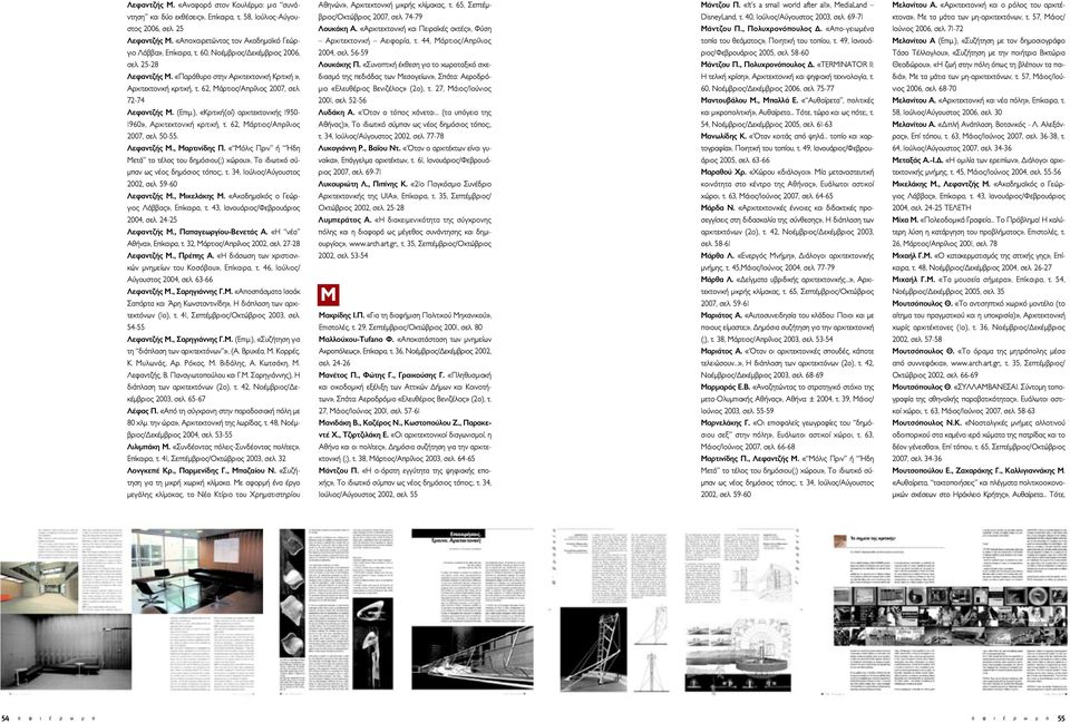 ), «Κριτική(οί) αρχιτεκτονικής 1950-1960», Αρχιτεκτονική κριτική, τ. 62, Μάρτιος/Απρίλιος 2007, σελ. 50-55. Λεφαντζής Μ., Μαρτινίδης Π.