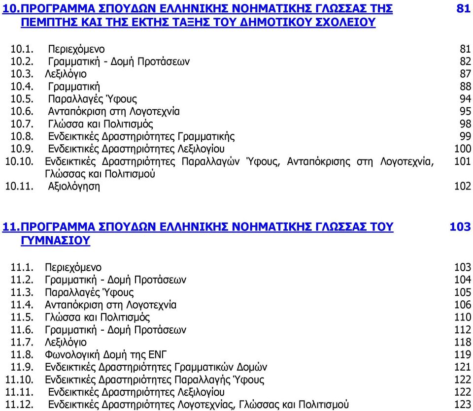 10. Ενδεικτικές Δραστηριότητες Παραλλαγών Ύφους, Ανταπόκρισης στη Λογοτεχνία, 101 Γλώσσας και Πολιτισμού 10.11. Αξιολόγηση 102 11. ΠΡΟΓΡΑΜΜΑ ΣΠΟΥΔΩΝ ΕΛΛΗΝΙΚΗΣ ΝΟΗΜΑΤΙΚΗΣ ΓΛΩΣΣΑΣ ΤΟΥ ΓΥΜΝΑΣΙΟΥ 103 11.