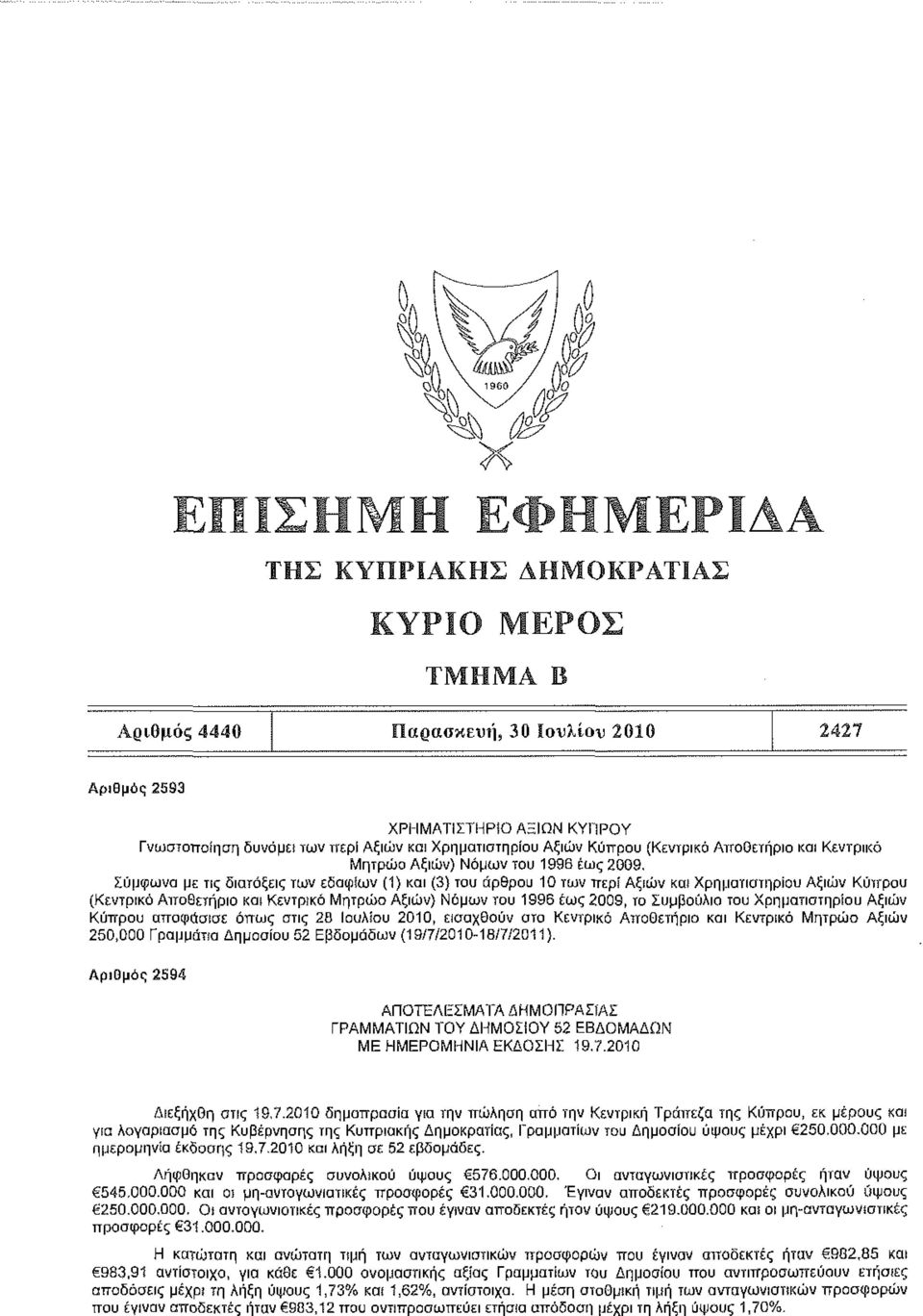 Κεντρικό Μητρώο Αξιών) Νόμων του 1996 έως 2009, το Συμβούλιο του Χρηματιστηρίου Αξιών Κόπρου αποφάσισε όπως στις 28 Ιουλίου 2010, εισαχθούν ατο Κεντρικό Αποθετήριο και Κεντρικό Μητρώο Αξιών 250,000