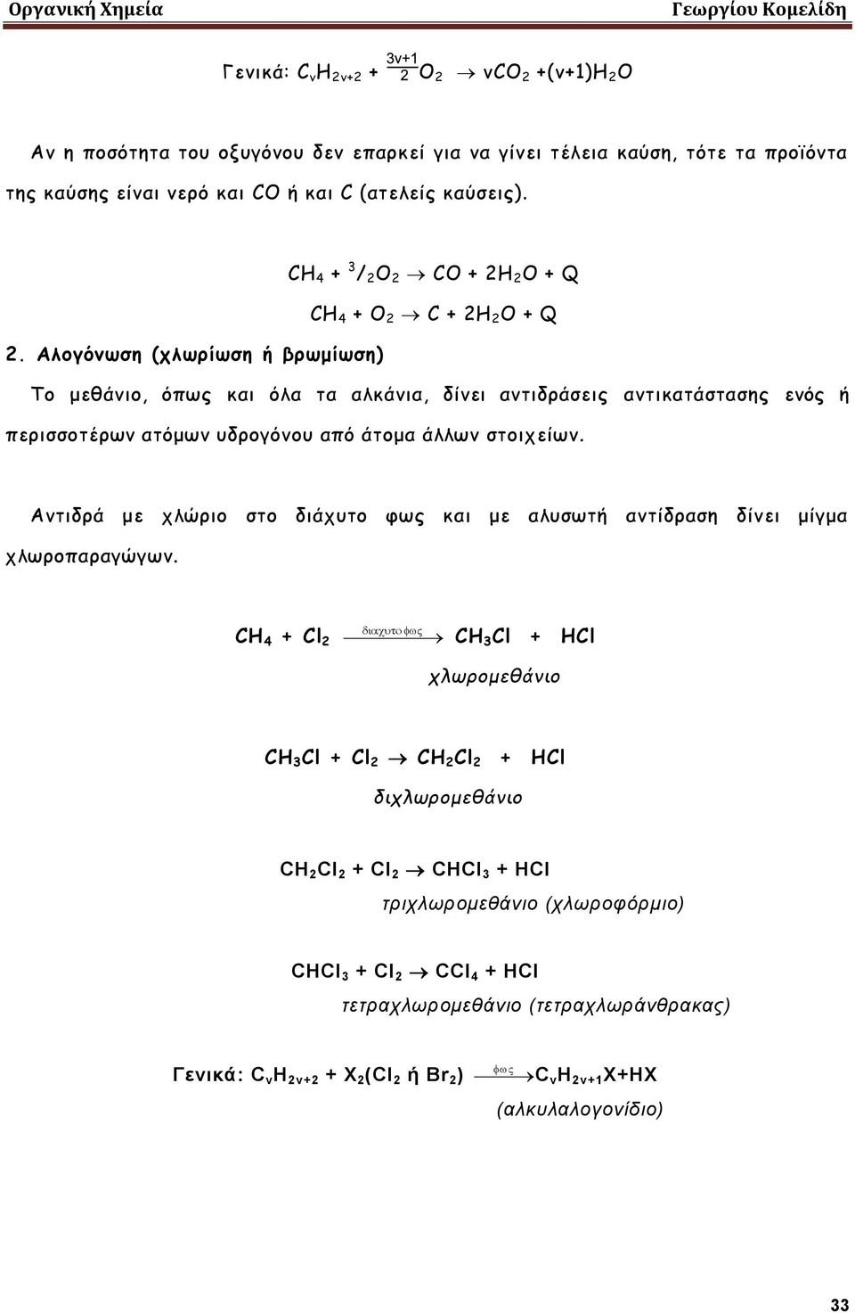 Αλογόνωση (χλωρίωση ή βρωμίωση) Το μεθάνιο, όπως και όλα τα αλκάνια, δίνει αντιδράσεις αντικατάστασης ενός ή περισσοτέρων ατόμων υδρογόνου από άτομα άλλων στοιχείων.