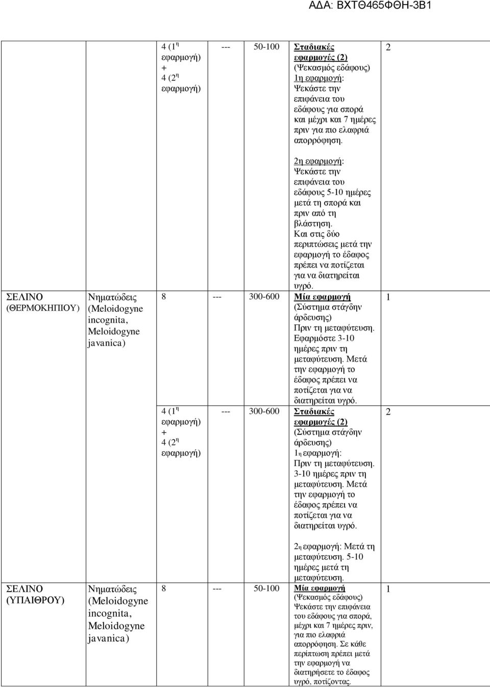 8 --- 300-600 Μία εφαρμογή άρδευσης) Εφαρμόστε 3-0 ημέρες πριν τη Μετά 4 ( η 4 ( η --- 300-600 Σταδιακές άρδευσης) η εφαρμογή: 3-0