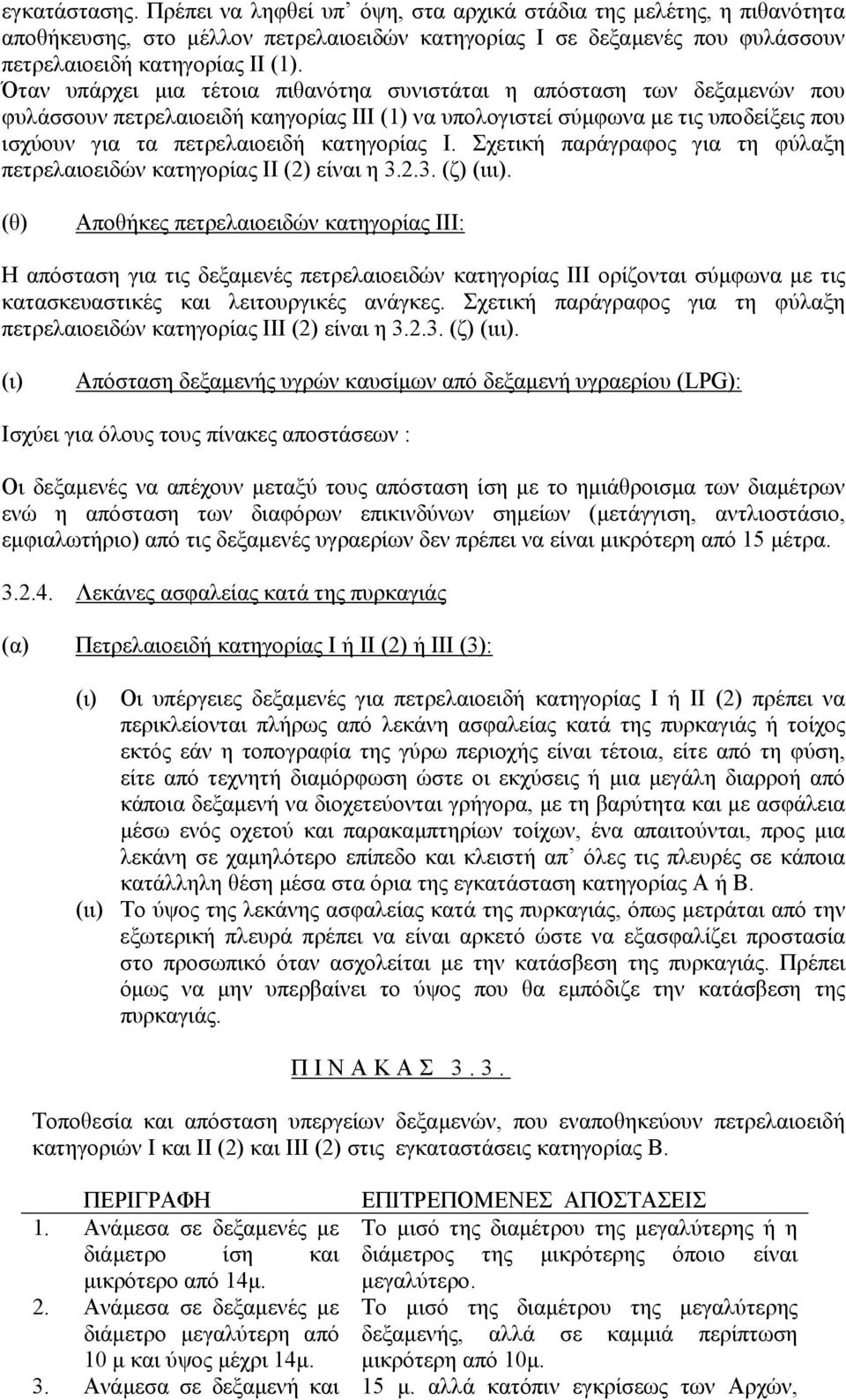 κατηγορίας Ι. Σχετική παράγραφος για τη φύλαξη πετρελαιοειδών κατηγορίας ΙΙ (2) είναι η 3.2.3. (ζ) (ιιι).