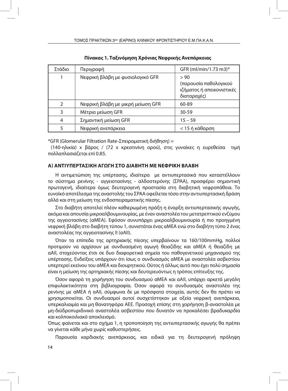 15 59 5 Νεφρική ανεπάρκεια < 15 ή κάθαρση *GFR (Glomerular Filtration Rate-Σπειραματική διήθηση) = (140-ηλικία) x βάρος / (72 x κρεατινίνη ορού), στις γυναίκες η ευρεθείσα πολλαπλασιάζεται επί 0.85.