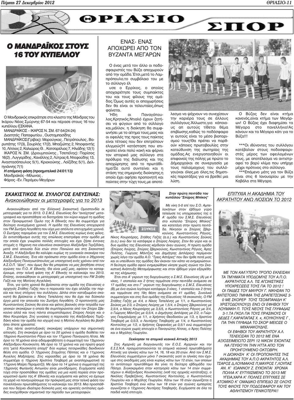 67-54(24-24) ιαιτητές: Παπαφωτίου, Ουσταµπασίδης ΜΑΝ ΡΑ ΚΟΣ(Γρίβας): Μαρούγκας, Πετρόπουλος, Βαρυπάτης 17(3), Σουρλής 17(2), Μπαζιώτης 2, Ντιοφαντής 10, Λίτσιος 2, Καλιώρας Θ.