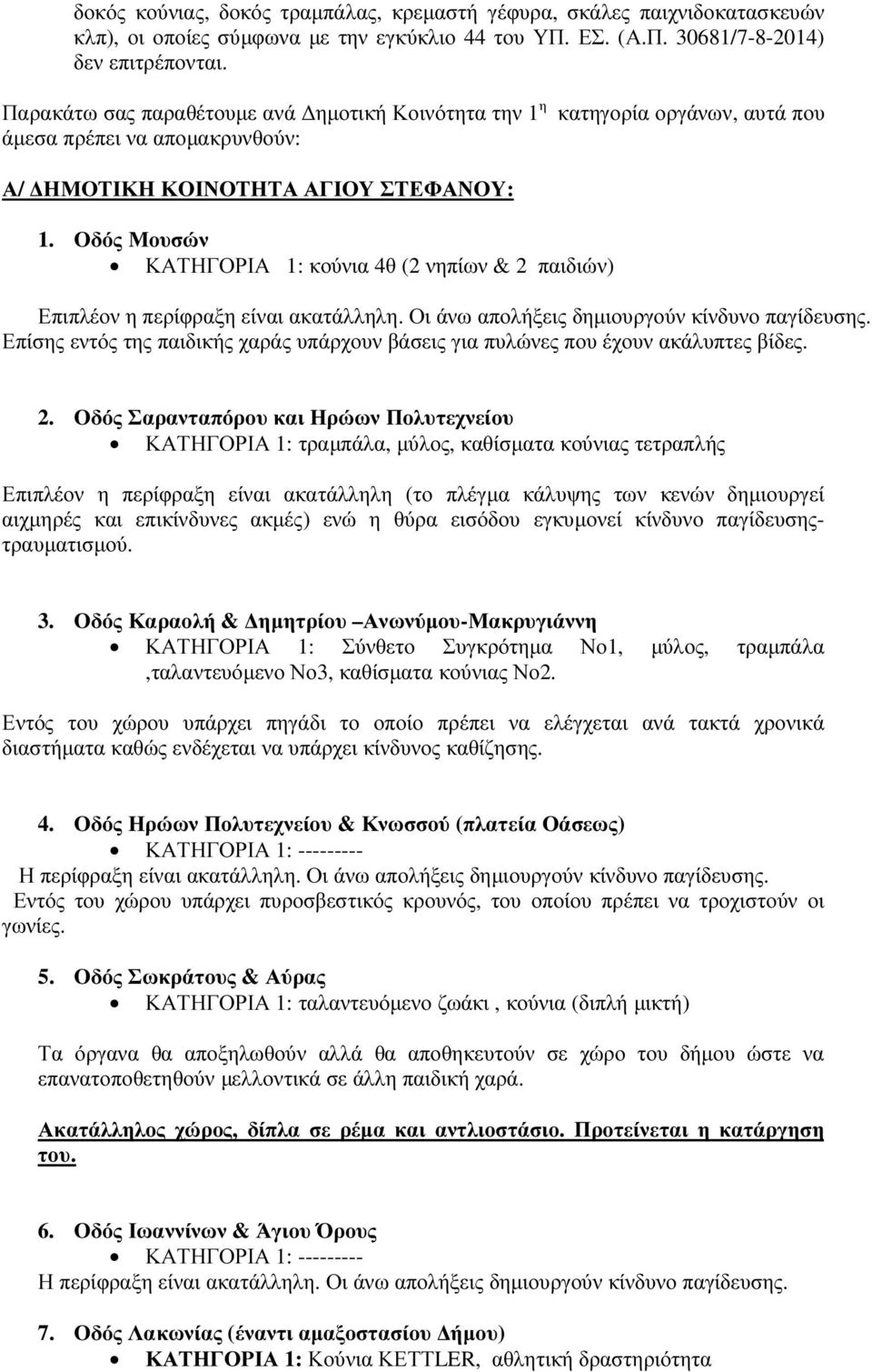 Οδός Μουσών ΚΑΤΗΓΟΡΙΑ 1: κούνια 4θ (2 νηπίων & 2 παιδιών) Επιπλέον η περίφραξη είναι ακατάλληλη. Οι άνω απολήξεις δηµιουργούν κίνδυνο παγίδευσης.