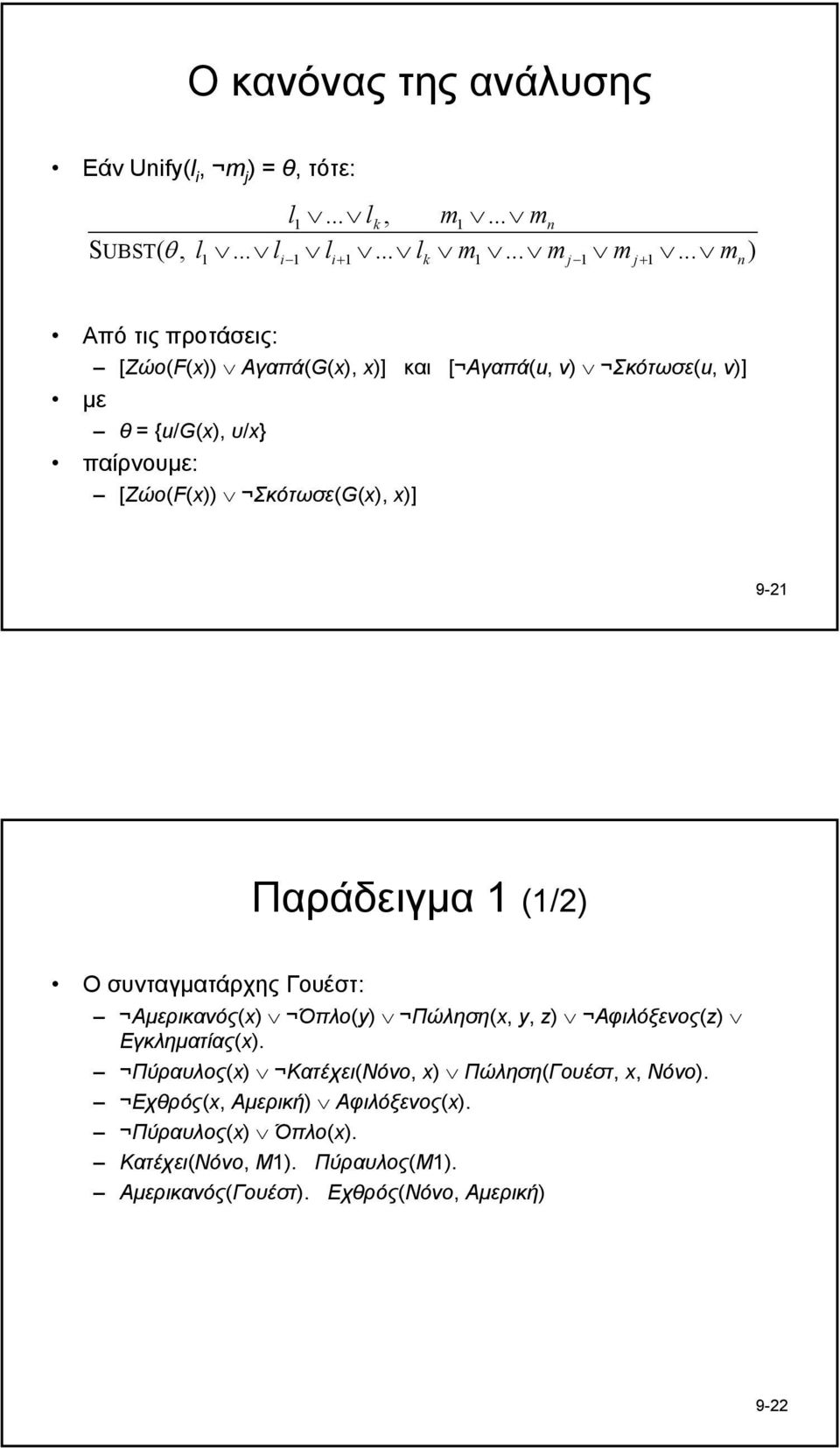 x)] 9-21 Παράδειγµα 1 (1/2) Ο συνταγµατάρχης Γουέστ: Αµερικανός(x) Όπλο(y) Πώληση(x, y, z) Αφιλόξενος(z) Εγκληµατίας(x).