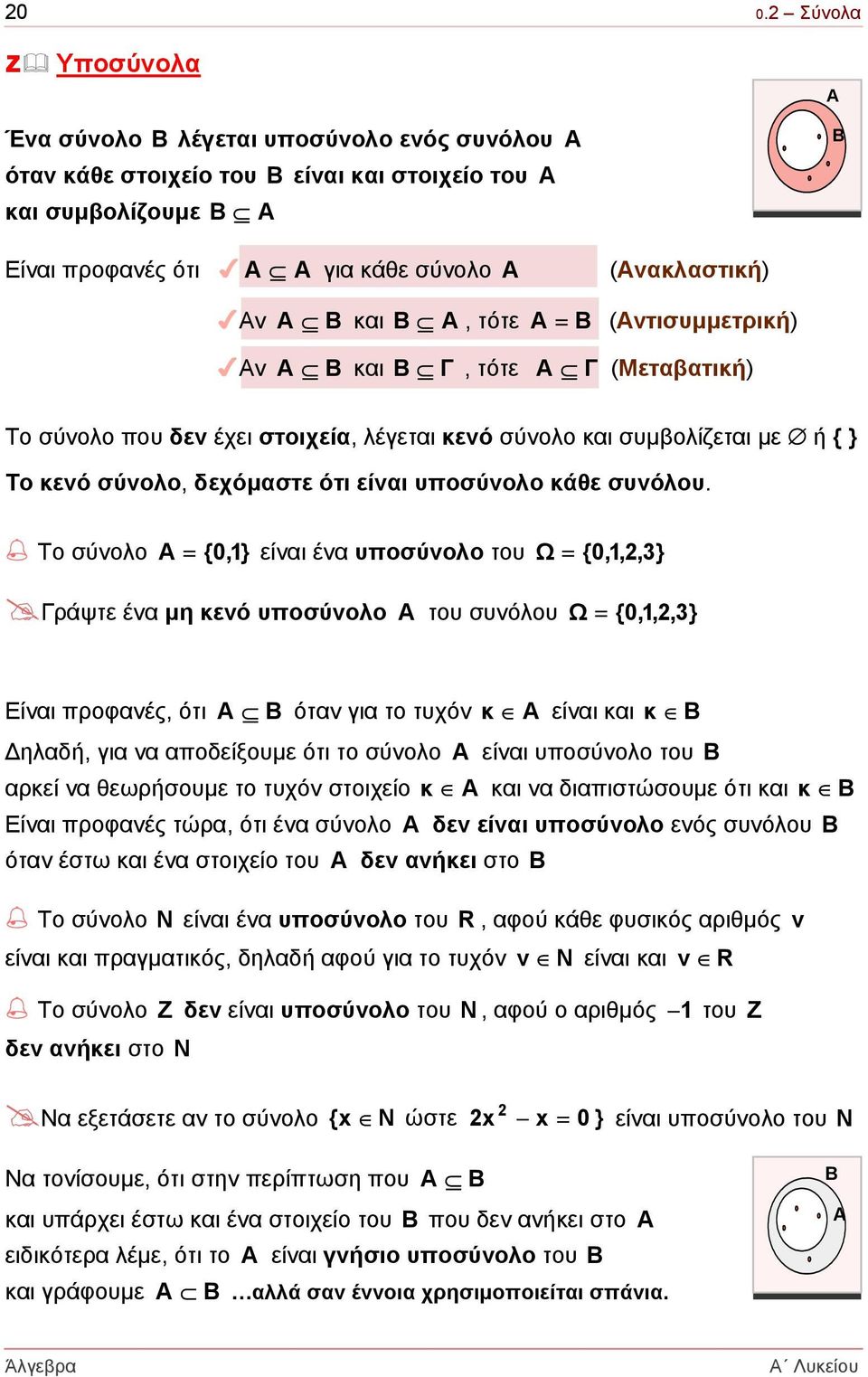 Το σύνολο = {0,1} είναι ένα υποσύνολο του = {0,1,,3 } Γράψτε ένα µη κενό υποσύνολο του συνόλου = {0,1,,3 } Είναι προφανές, ότι όταν για το τυχόν κ είναι και κ ηλαδή, για να αποδείξουµε ότι το σύνολο