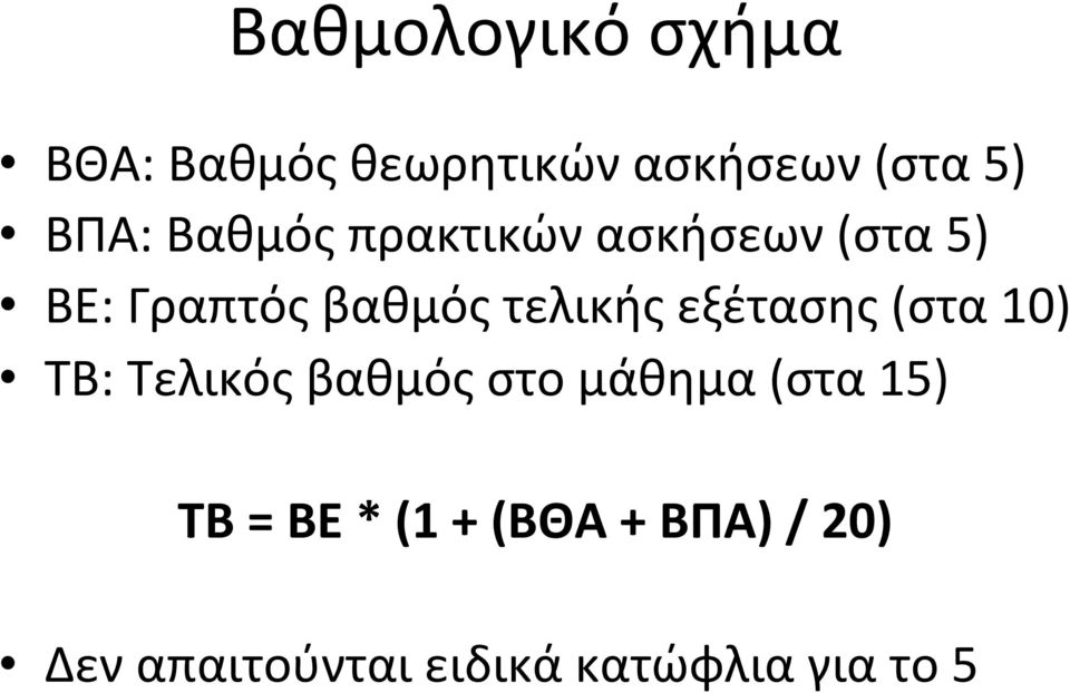 εξέτασης (στα 10) ΤΒ: Τελικός βαθμός στο μάθημα (στα 15) ΤΒ =