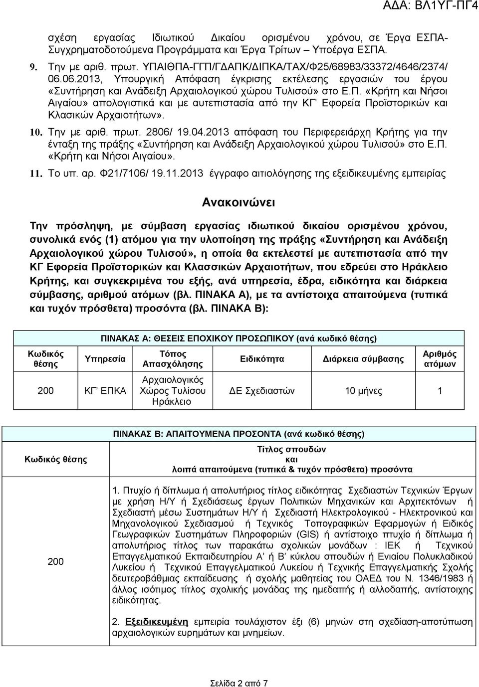 10. Την με αριθ. πρωτ. 2806/ 19.04.2013 απόφαση του Περιφερειάρχη Κρήτης για την ένταξη της πράξης «Συντήρηση και Ανάδειξη Αρχαιολογικού χώρου Τυλισού» στο Ε.Π. «Κρήτη και Νήσοι Αιγαίου». 11. Το υπ.