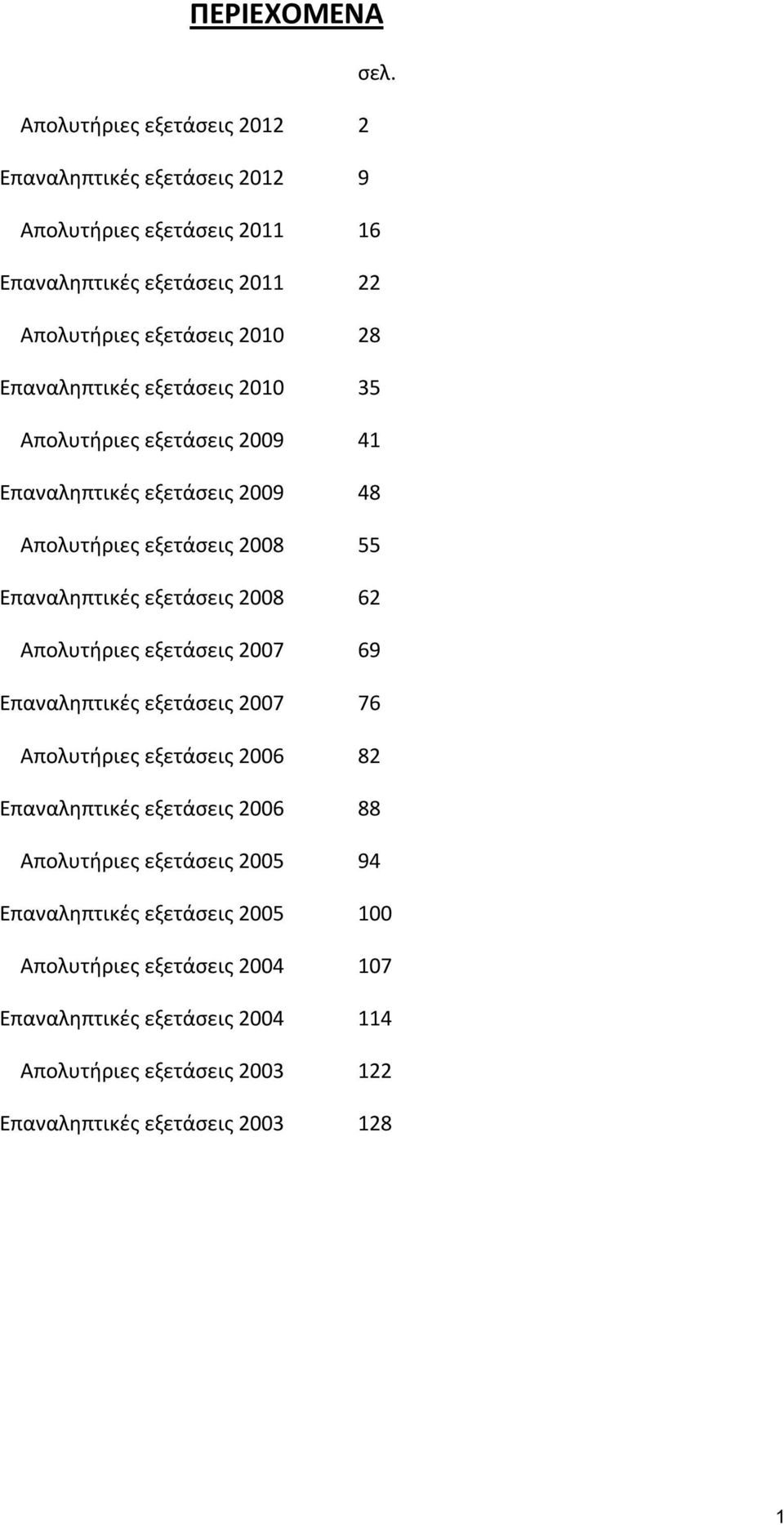 εξετάσεις 2010 Απολυτήριες εξετάσεις 2009 Επαναληπτικές εξετάσεις 2009 Απολυτήριες εξετάσεις 2008 Επαναληπτικές εξετάσεις 2008 Απολυτήριες εξετάσεις 2007