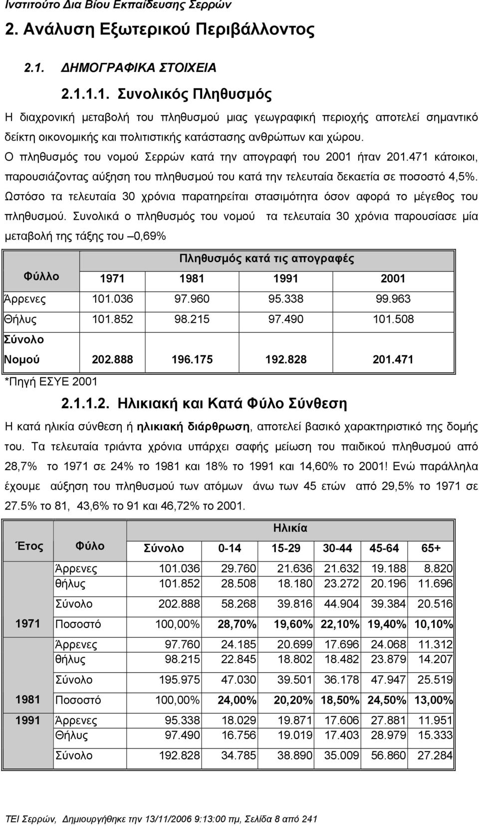 Ο πληθυσµός του νοµού Σερρών κατά την απογραφή του 2001 ήταν 201.471 κάτοικοι, παρουσιάζοντας αύξηση του πληθυσµού του κατά την τελευταία δεκαετία σε ποσοστό 4,5%.