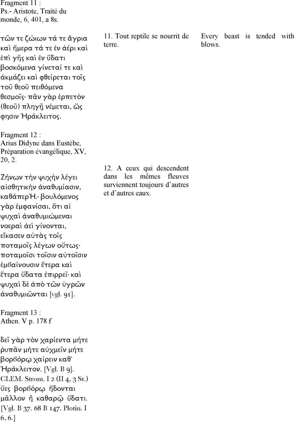 Ἡράκλειτος. Fragment 12 : Arius Didyne dans Eustèbe, Préparation évangélique, XV, 20, 2. Ζήνων τὴν ψυχὴν λέγει αἰσθητικὴν ἀναθυµίασιν, καθάπερἡ.