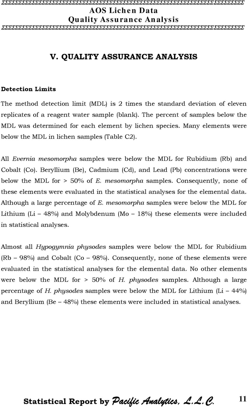 All Evernia mesomorpha samples were below the MDL for Rubidium (Rb) and Cobalt (Co). Beryllium (Be), Cadmium (Cd), and Lead (Pb) concentrations were below the MDL for > 50% of E. mesomorpha samples. Consequently, none of these elements were evaluated in the statistical analyses for the elemental data.