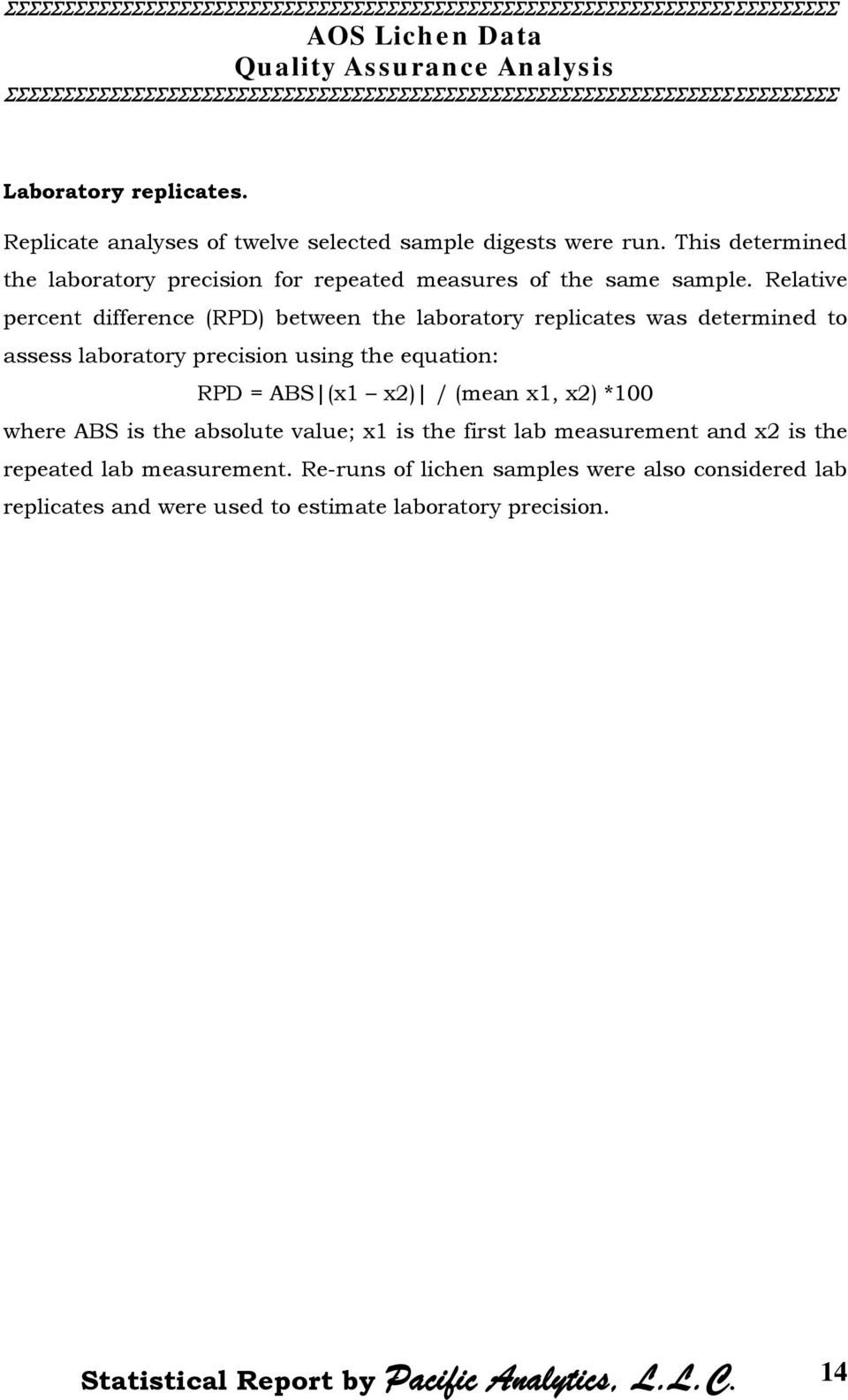 Relative percent difference (RPD) between the laboratory replicates was determined to assess laboratory precision using the equation: RPD = ABS (x1 x2) /