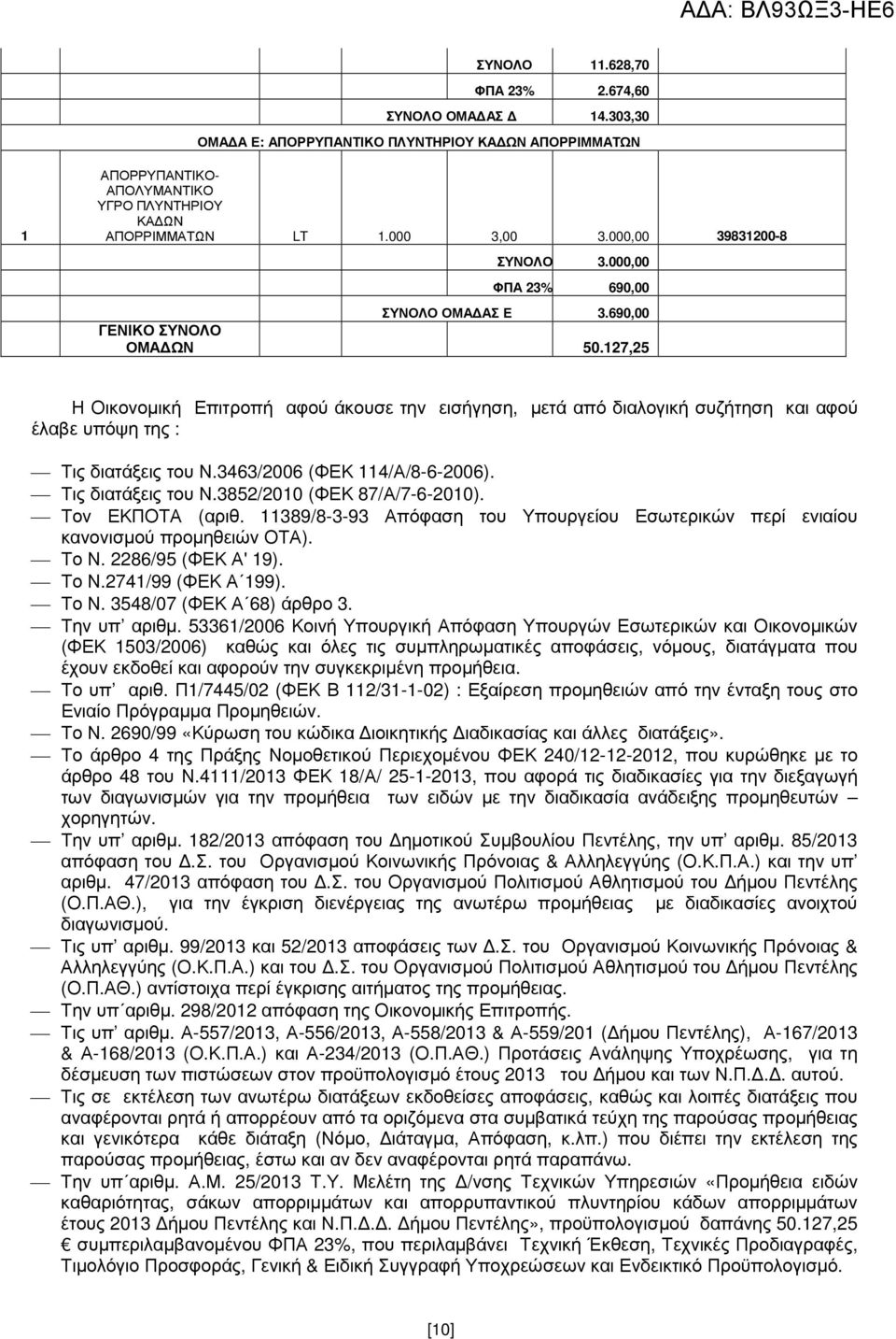 127,25 Η Οικονοµική Επιτροπή αφού άκουσε την εισήγηση, µετά από διαλογική συζήτηση και αφού έλαβε υπόψη της : Τις διατάξεις του Ν.3463/2006 (ΦΕΚ 114/Α/8-6-2006). Τις διατάξεις του Ν.3852/2010 (ΦΕΚ 87/Α/7-6-2010).