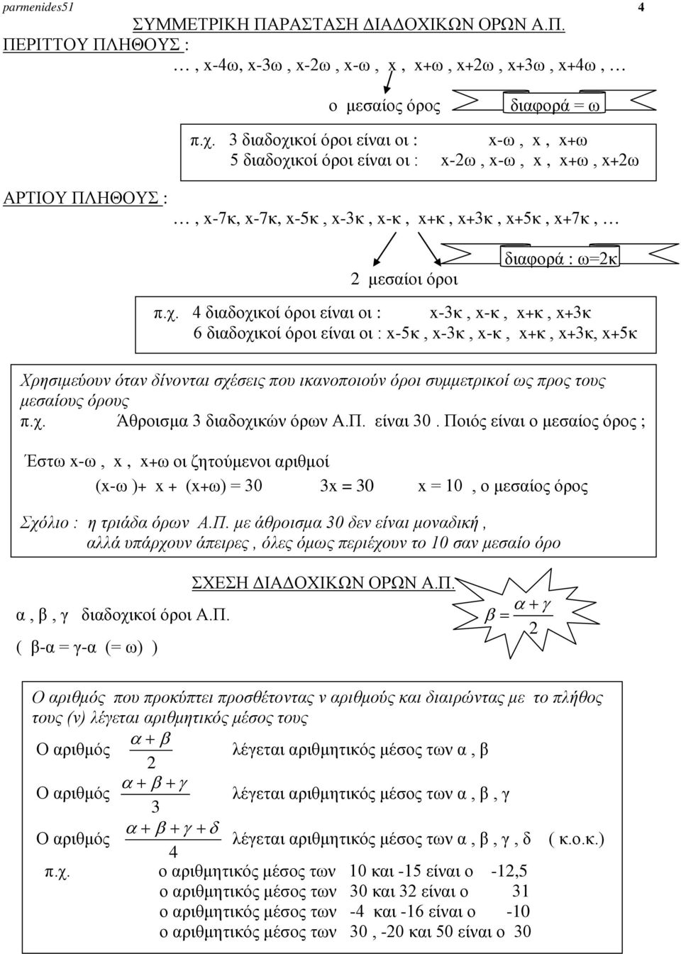 χ. Άθροισμ 3 διδοχιώ όρω Α.Π. είι 30. Ποιός είι ο μεσίος όρος ; Έστω x-ω, x, x+ω οι ζητούμεοι ριθμοί (x-ω + x + (x+ω = 30 3x = 30 x = 0, ο μεσίος όρος Σχόιο : η τριάδ όρω Α.Π. με άθροισμ 30 δε είι μοδιή, ά υπάρχου άπειρες, όες όμως περιέχου το 0 σ μεσίο όρο ΣΧΕΣΗ ΔΙΑΔΟΧΙΚΩΝ ΟΡΩΝ Α.