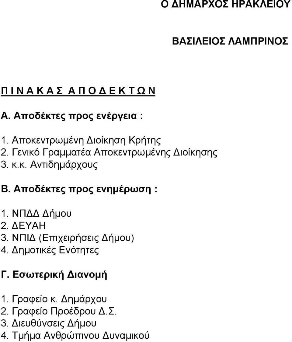 Αποδέκτες προς ενημέρωση : 1. ΝΠΔΔ Δήμου 2. ΔΕΥΑΗ 3. ΝΠΙΔ (Επιχειρήσεις Δήμου) 4. Δημοτικές Ενότητες Γ.