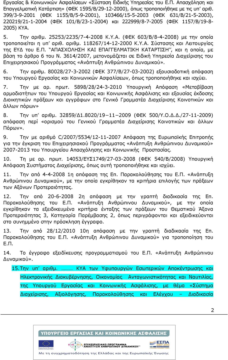 Υ.Α. (ΦΕΚ 603/Β/8-4-2008) με την οποία τροποποιείται η υπ αριθ. αριθμ. 118267/14-12-2000 Κ.Υ.Α. Σύστασης και Λειτουργίας της ΕΥΔ του Ε.Π.