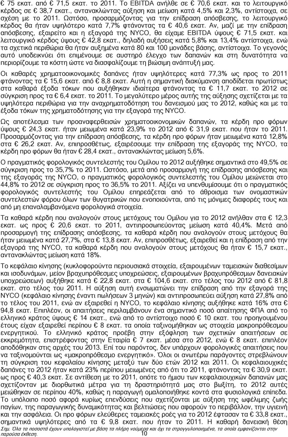 Αν, μαζί με την επίδραση απόσβεσης, εξαιρείτο και η εξαγορά της NYCO, θα είχαμε EBITDA ύψους 71,5 εκατ. και λειτουργικό κέρδος ύψους 42,8 εκατ.