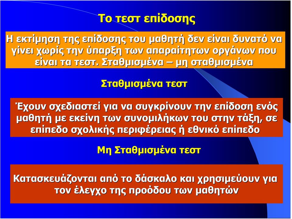 Σταθμισμένα μη σταθμισμένα Σταθμισμένα τεστ Έχουν σχεδιαστεί για να συγκρίνουν την επίδοση ενός μαθητή με