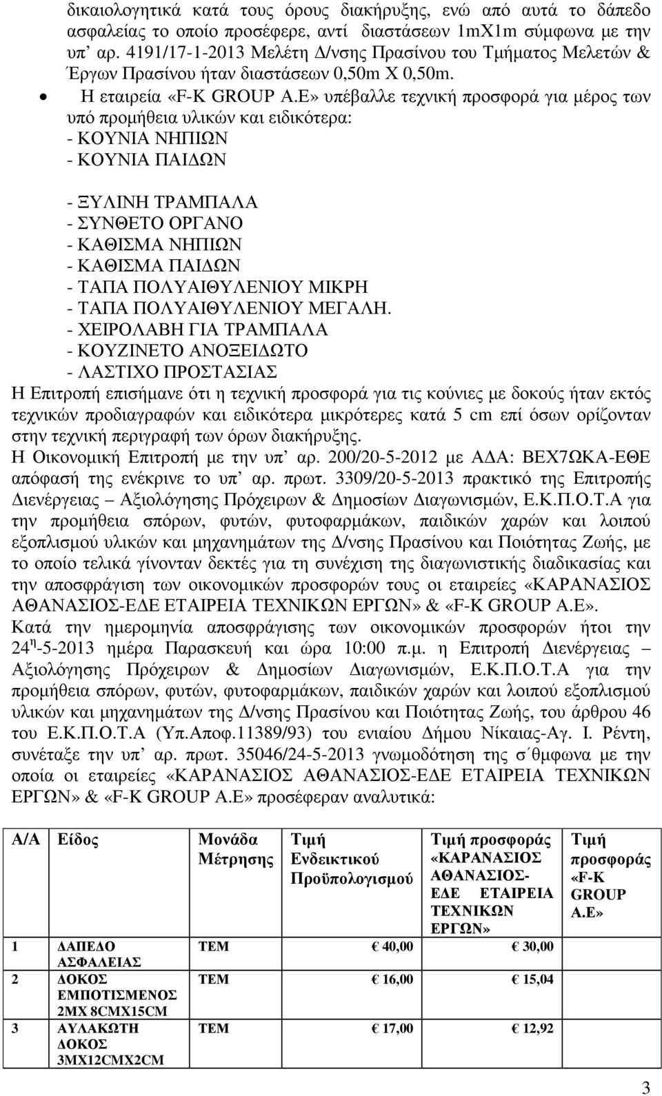 Ε» υπέβαλλε τεχνική προσφορά για µέρος των υπό προµήθεια υλικών και ειδικότερα: - ΚΟΥΝΙΑ ΝΗΠΙΩΝ - ΚΟΥΝΙΑ ΠΑΙ ΩΝ - ΞΥΛΙΝΗ ΤΡΑΜΠΑΛΑ - ΣΥΝΘΕΤΟ ΟΡΓΑΝΟ - ΚΑΘΙΣΜΑ ΝΗΠΙΩΝ - ΚΑΘΙΣΜΑ ΠΑΙ ΩΝ - ΤΑΠΑ