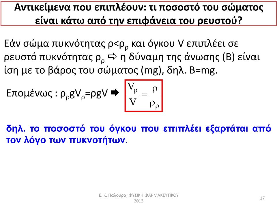 Εάν σώμα πυκνότητας ρ<ρ ρ ρ και όγκου V επιπλέει σε ρευστό πυκνότητας ρ ρ η δύναμη της