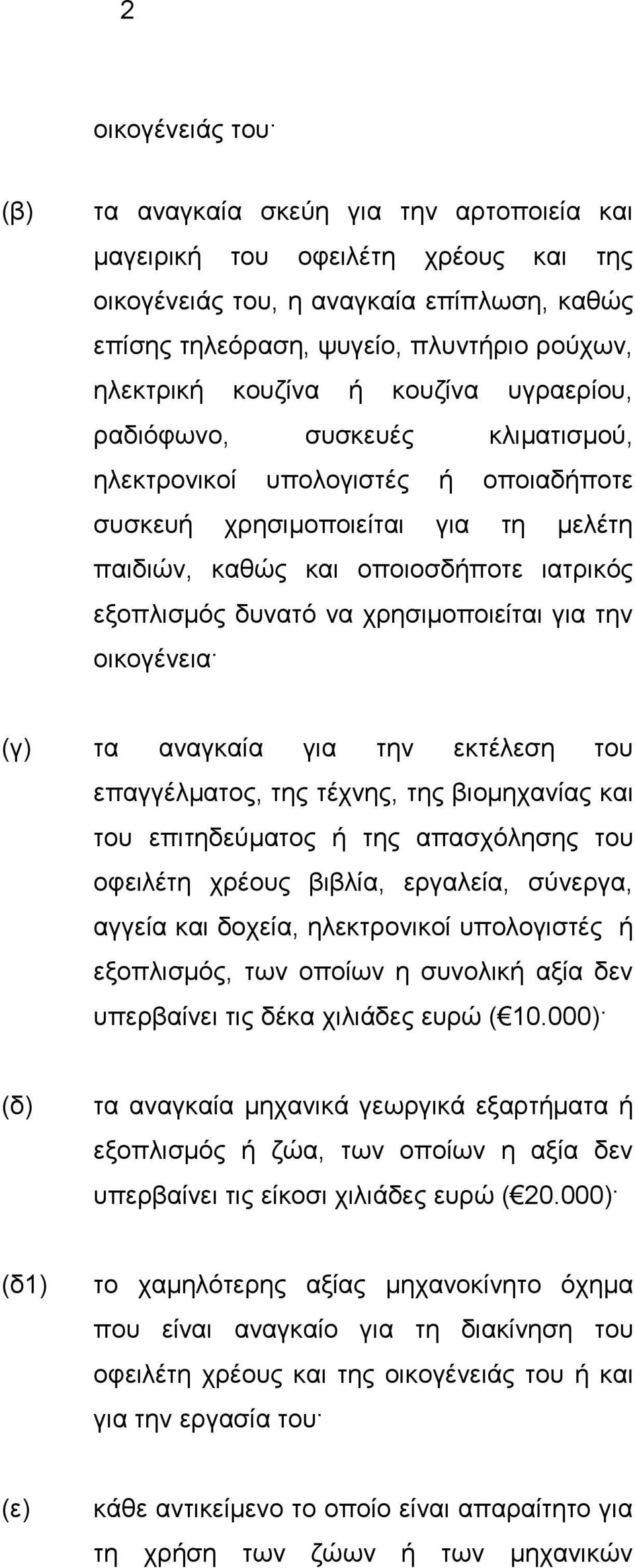 να χρησιμοποιείται για την οικογένεια (γ) τα αναγκαία για την εκτέλεση του επαγγέλματος, της τέχνης, της βιομηχανίας και του επιτηδεύματος ή της απασχόλησης του οφειλέτη χρέους βιβλία, εργαλεία,