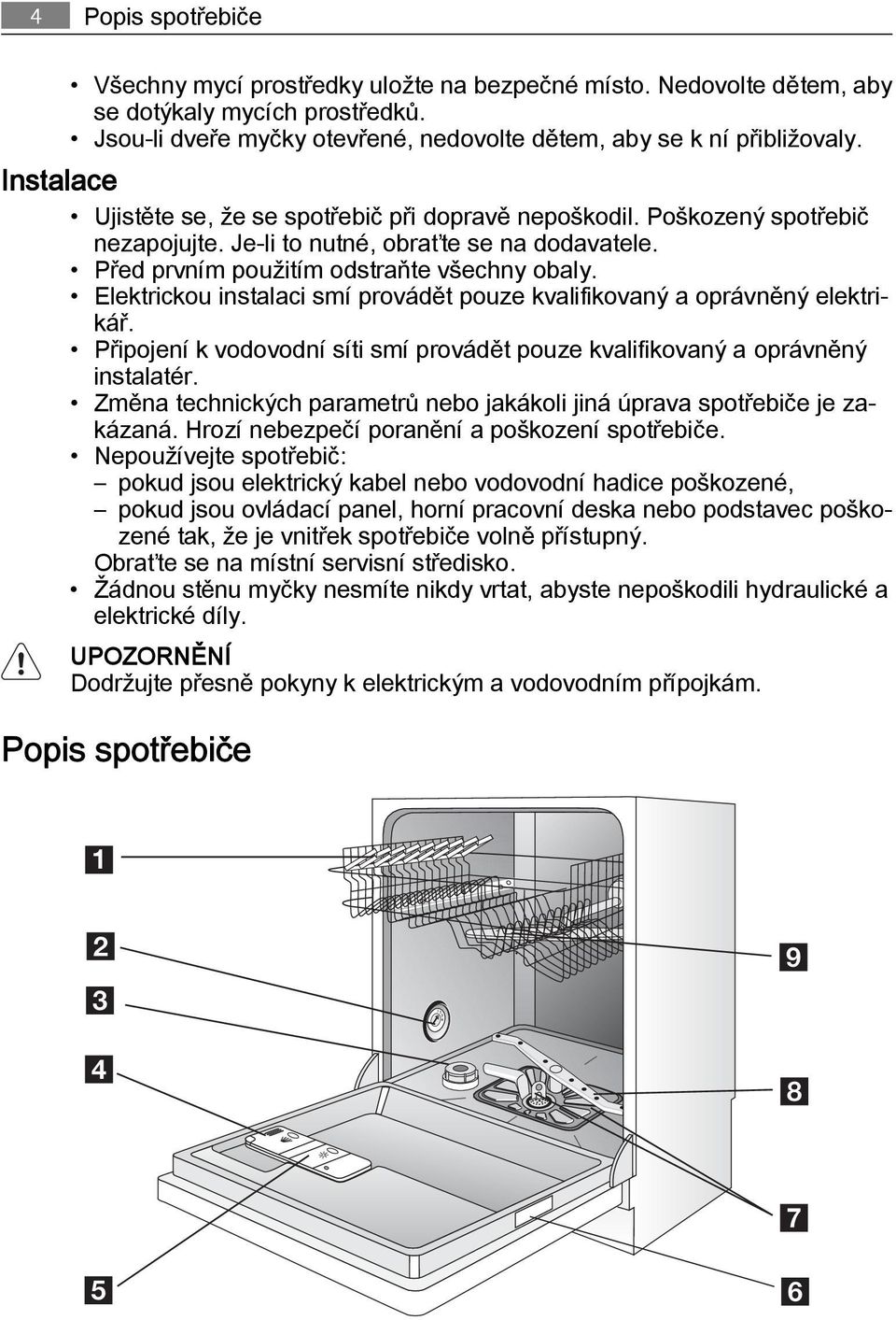 Elektrickou instalaci smí provádět pouze kvalifikovaný a oprávněný elektrikář. Připojení k vodovodní síti smí provádět pouze kvalifikovaný a oprávněný instalatér.