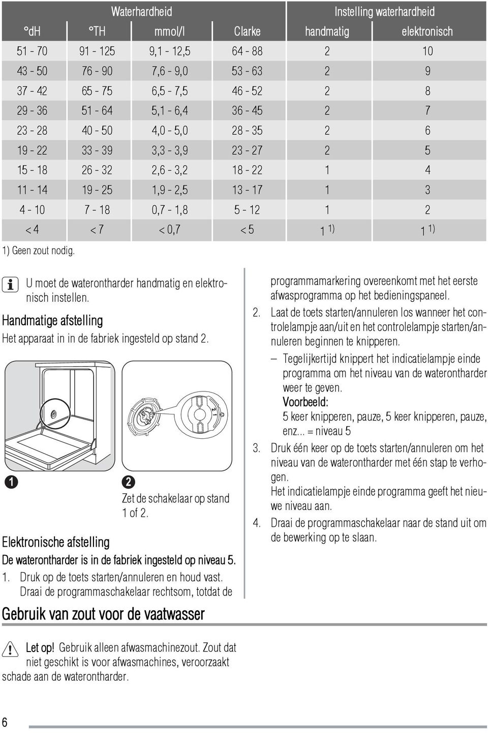 nodig. U moet de waterontharder handmatig en elektronisch instellen. Handmatige afstelling Het apparaat in in de fabriek ingesteld op stand 2. 1 2 Zet de schakelaar op stand 1 of 2.