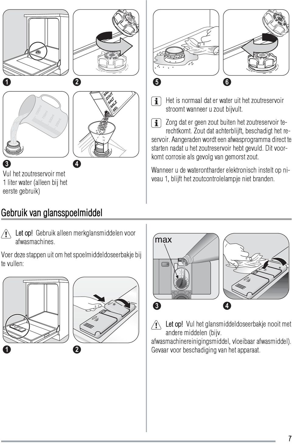 Aangeraden wordt een afwasprogramma direct te starten nadat u het zoutreservoir hebt gevuld. Dit voorkomt corrosie als gevolg van gemorst zout.